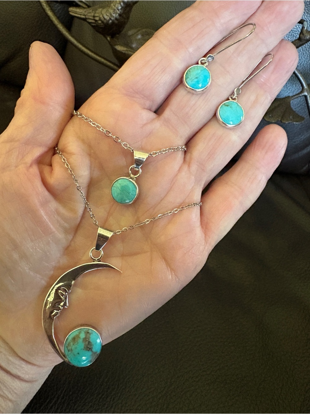 Genuine Turquoise, Silver 925 Crescent Moon. Beautiful Quality Stones, Bezel Set
